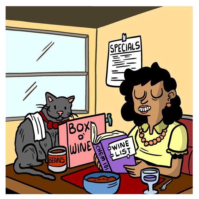 An illustration of Fancy Restaurant normplay,  showing a woman in her apartment ordering dinner from her cat waiter.